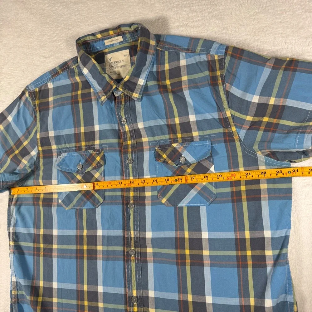 American Eagle Plaid Shirt Mens XL Blue Vintage Fit Short Sleeve Button Down
